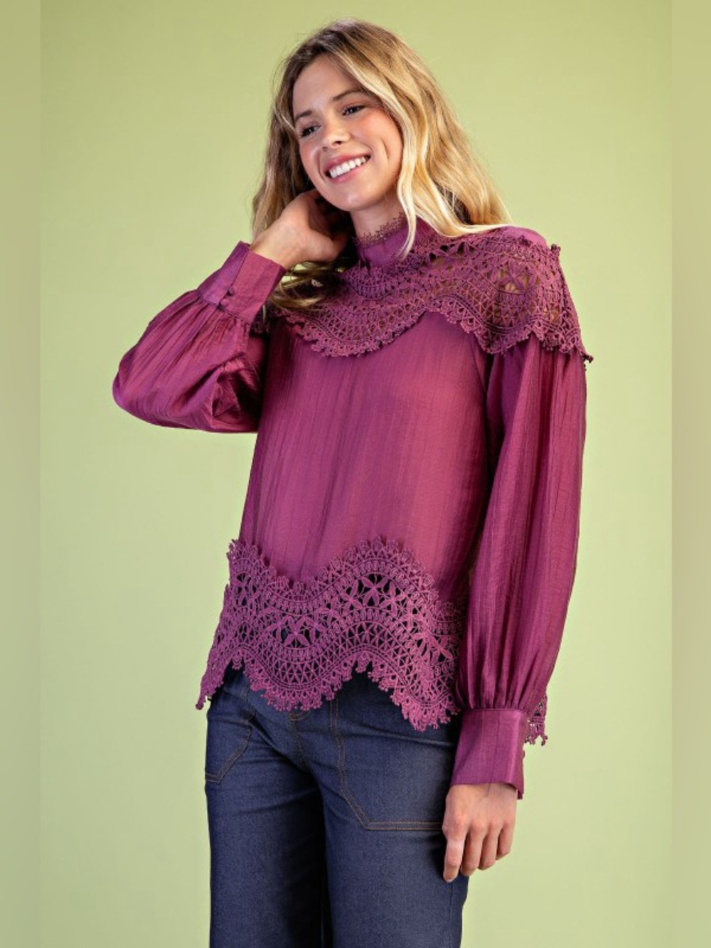 Sheer High-Neck Lace Patchwork Blouse – Plum - Picture 5 of 7